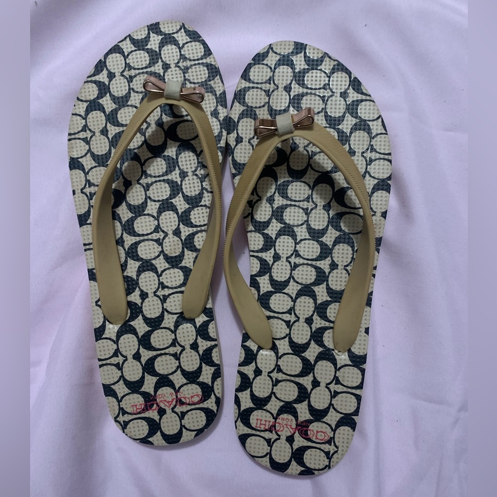Coach Patterned Flip Flops with Bow Accent